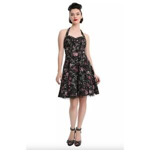 Hot Topic Floral Insect Swing Dress Black Halter Sweetheart Whisygoth Small‎